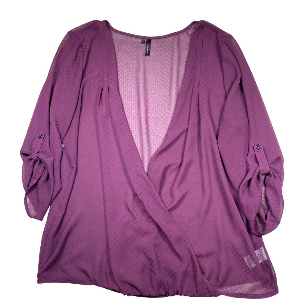 Maurices Purple Sheer Wrap Front Roll Tabโ Sleeve Textured Blouse Womens Large